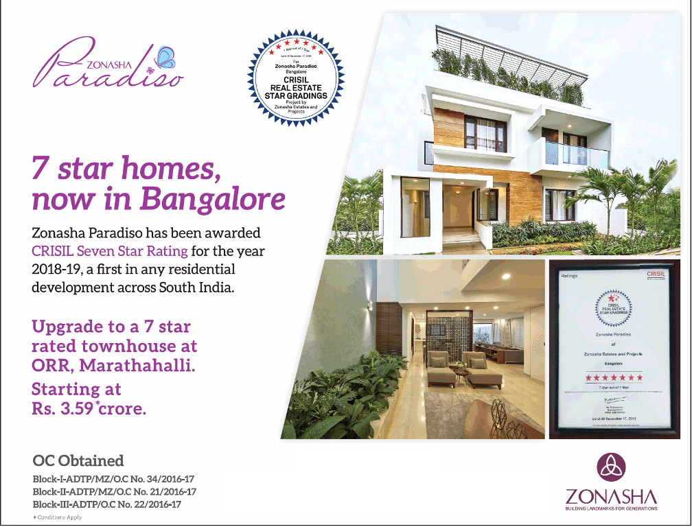 Upgrade to a 7 star rated townhouse at Zonasha Paradiso, ORR, Marathahalli
